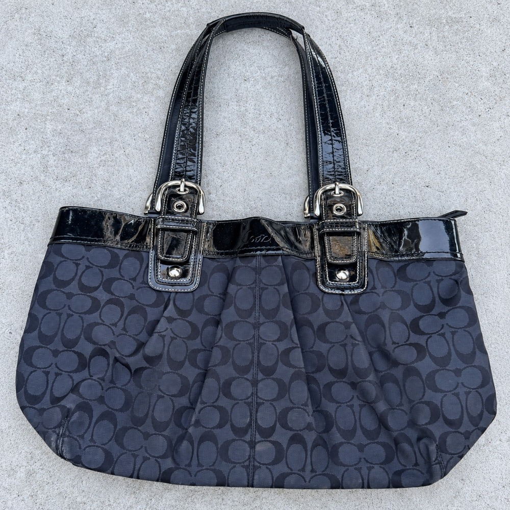 Coach Black Signature C Jacquard Pleated Tote Patent Leather Bag F13743